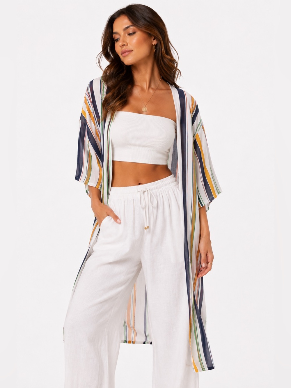 Multicolor Striped Chiffon Kimono Cover Up Size S Forever 21